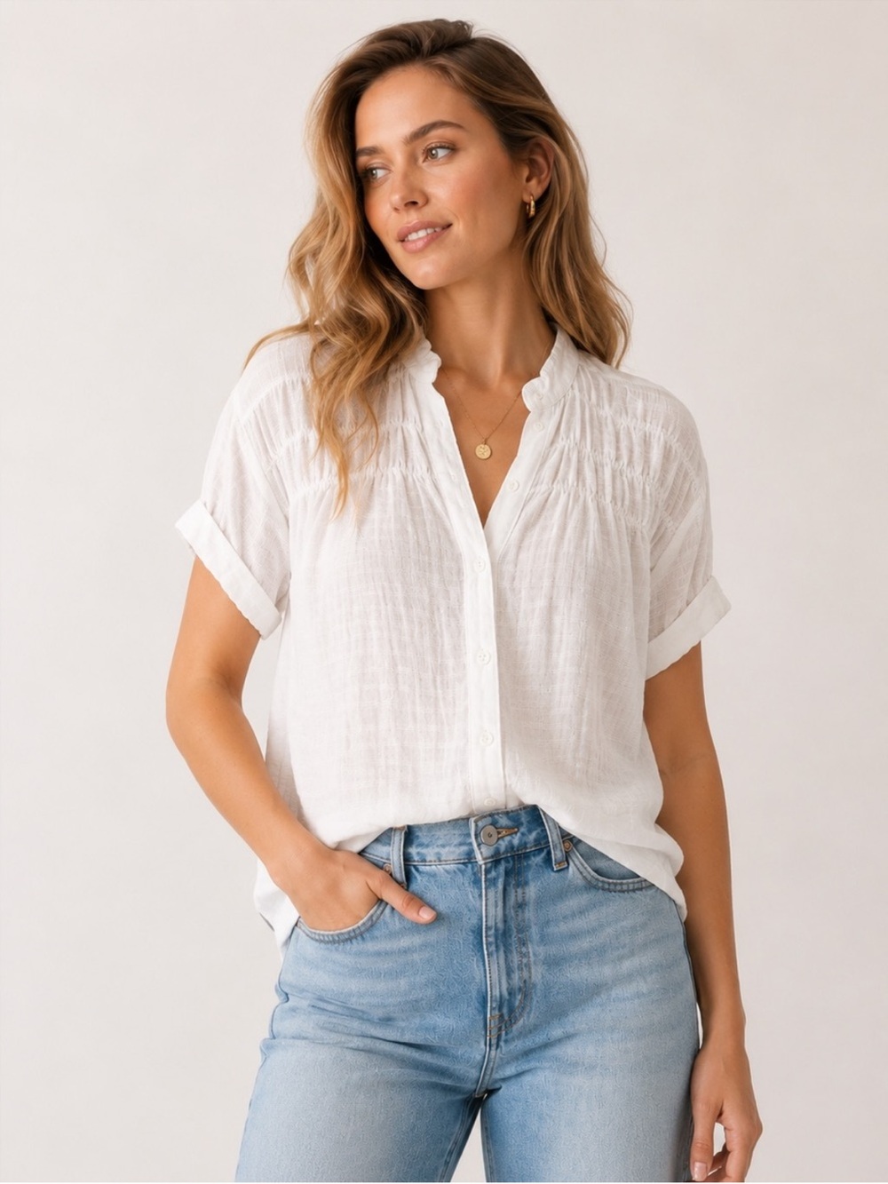 Evereve Cecelia White Linen Viscose Lightweight Button-Front sz M